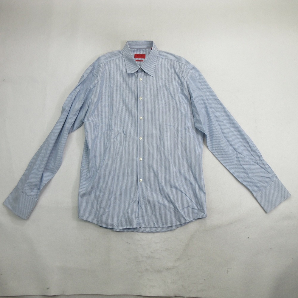 Hugo Boss Men's Dress Shirt 17 Slim 43 Blue White Striped Long Sleeve Cotton